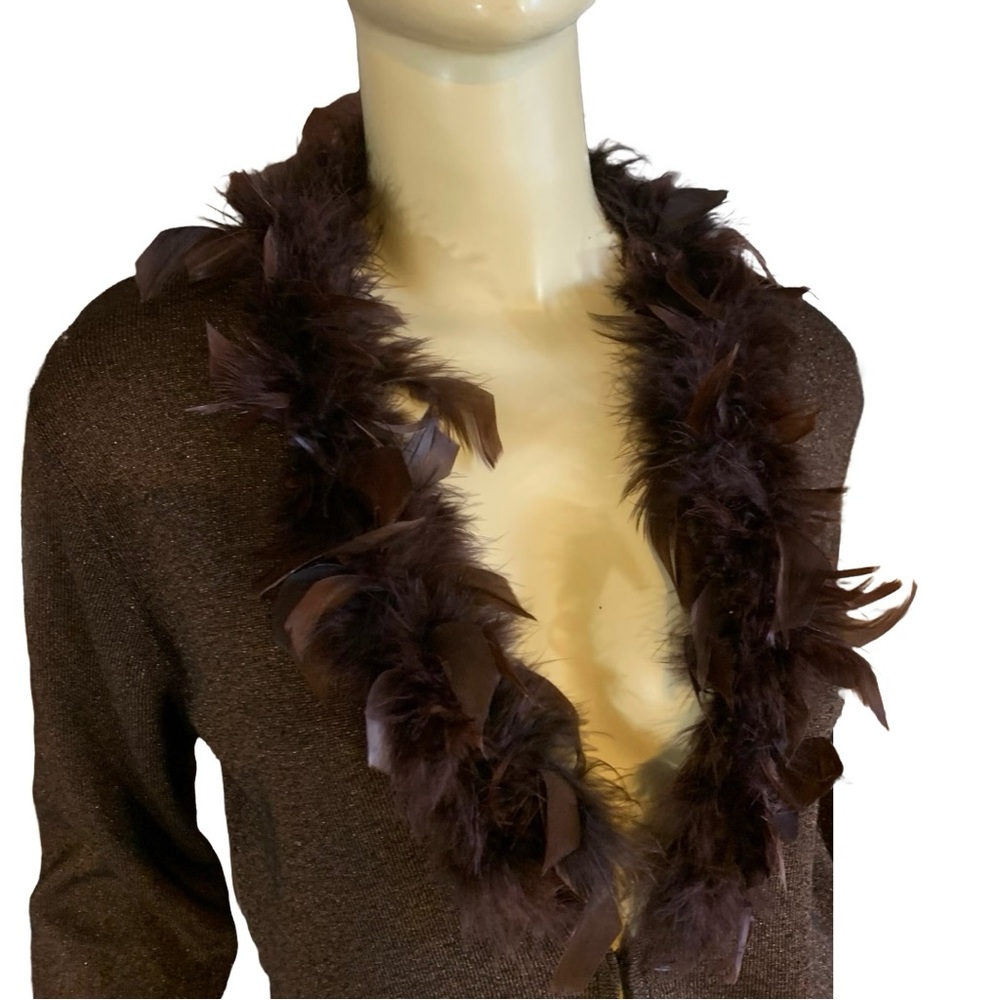 VINTAGE Y2K DRESSBARN BROWN W/METALLIC THREAD CARDIGAN W/FAUX FEATHER COLLAR (M) - Picture 8 of 14